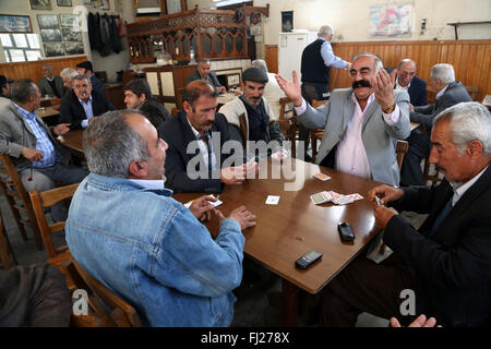 Réunion de vieux hommes et de cartes à jouer au café local à Diyarbakir , Turquie orientale Banque D'Images