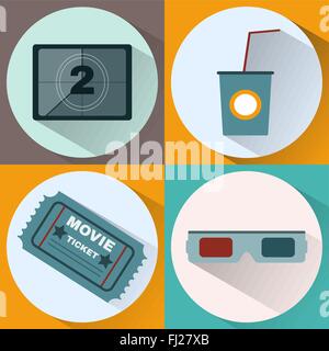 Cinema icon set. Regarder la vidéo. L'écran Compte à rebours, Cocktail verre papier avec tube, billet de cinéma, les lunettes 3D. Arrière-plan numérique Illustration de Vecteur