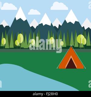 Camping dans les montagnes. Tente d'Orange entouré de nature sauvage : Montagnes, arbres, lac et un ciel clair. Vecteur de fond numérique. Illustration de Vecteur
