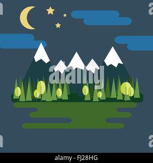 Paysage de montagne. La nature sauvage : les montagnes avec des pics de glace, Sapins, lac et ciel étoilé avec demi-lune la nuit. Illustration de Vecteur