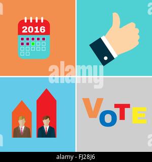 Campagne électorale icon set. Les débats des candidats. Calendrier marquer le Jour de l'élection. Vote, donner comme pour les candidats. Contexte numérique. Illustration de Vecteur