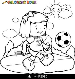 Petite fille jouant au football. Un enfant heureux joue au football sur le terrain de football. Page de coloriage noir et blanc vectoriel. Illustration de Vecteur