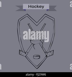 Badge de hockey Illustration. Casque avec des bâtons de hockey et rondelle. Emblème sportif pour un logo. Illustration vecteur numérique. Illustration de Vecteur