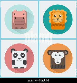 Bébés Animaux Série Icons Set. L'hippopotame, Lion, chimpanzé Panda et caractères. Colorful illustrations vectorielles. Illustration de Vecteur