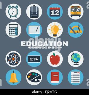 L'éducation scolaire Round Icons Set. Différents objets utilisés dans la vie quotidienne de l'éducation. Réveil, sac à dos, Calendrier, Atomes et Ele Illustration de Vecteur