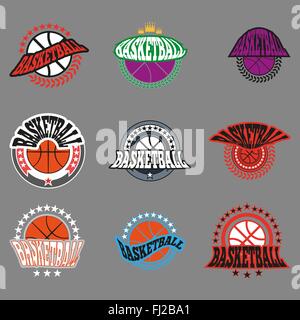 Texte de basket-ball de badges. Différents modèles de type de basket-ball. Les variations de polices. Exemples de texte néon s'agiter. Bannière Vector illustrat Illustration de Vecteur