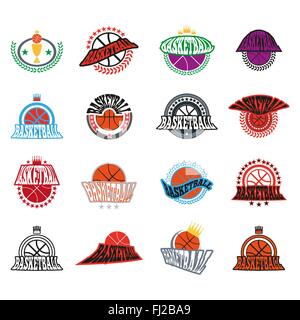 Texte de basket-ball de badges. Différents modèles de type de basket-ball. Les variations de polices. Exemples de texte néon s'agiter. Bannière Vector illustrat Illustration de Vecteur