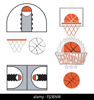 Objets de basket-ball. Ballon utilisé pour jouer un match de basket-ball. Panier pour lancer des balles. Symboles de sport. Cour de jeu de basket-ball Illustration de Vecteur