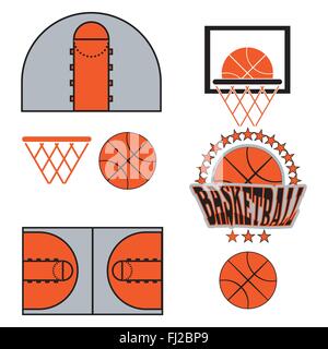 Objets de basket-ball. Ballon utilisé pour jouer un match de basket-ball. Panier pour lancer des balles. Symboles de sport. Cour de jeu de basket-ball Illustration de Vecteur