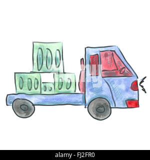 Camion bleu avec des cases isolées aquarelle dessin animé Banque D'Images