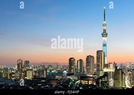 Tokyo, Japon - 9 janvier 2016 ; : Tokyo Skyline at Dusk, vue du quartier d'Asakusa, Skytree visibles à l'horizon. Banque D'Images