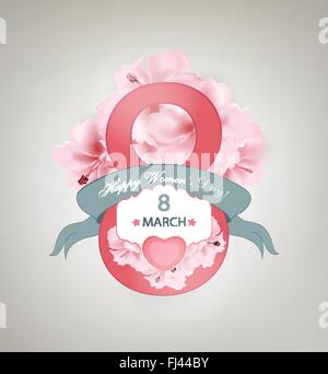 La Journée de la femme heureuse Arrière-plan avec des fleurs, ruban, inscription et les Cœurs de titre Illustration de Vecteur