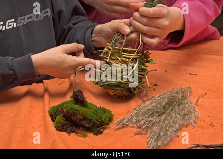 Le matériel du nid pour balle nid, deux enfants tressage des branches de saule et de revêtement de mousse et de roseaux, Allemagne Banque D'Images