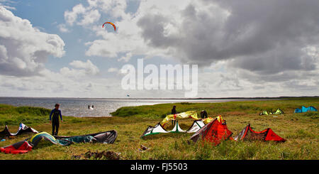 Kitesurf sur la plage, le Danemark, l'Sondervig, Ringkobing Banque D'Images