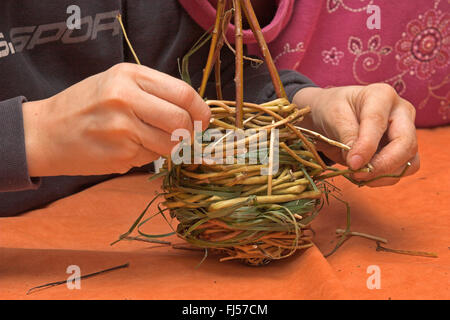 Le matériel du nid pour balle nid, deux enfants tressage des branches de saule, Allemagne Banque D'Images