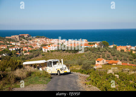 Le train touristique de grimper la colline de Collioure au sud de la France. Banque D'Images