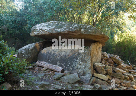 Une chambre funéraire (Dolmen) près de la montagne Puig Neulós dans le sud de la France. Banque D'Images