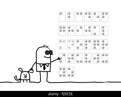 Hand drawn cartoon characters - Blind Man reading alphabet Braille Banque D'Images