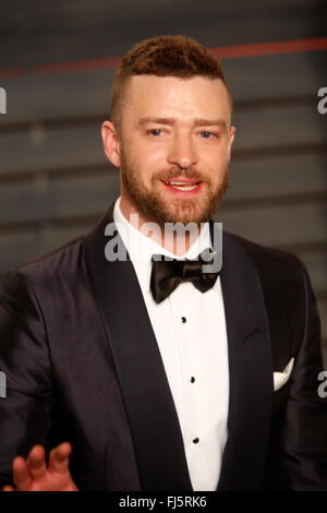 Beverly Hills, Los Angeles, USA. 28 Février, 2016. Justin Timberlake assiste à la Vanity Fair Oscar Party à Wallis Annenberg Center for the Performing Arts à Beverly Hills, Los Angeles, USA, 28 février 2016. Photo : Hubert Boesl/dpa/Alamy Live News Banque D'Images