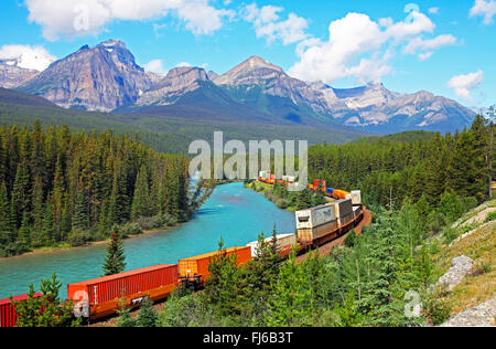 Rivière Bow Valley Parkway, cargo train, Canada, Alberta, parc national de Banff Banque D'Images