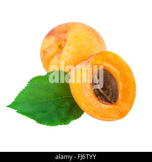 Toute la moitié de fruits abricot avec green leaf isolated on white Banque D'Images