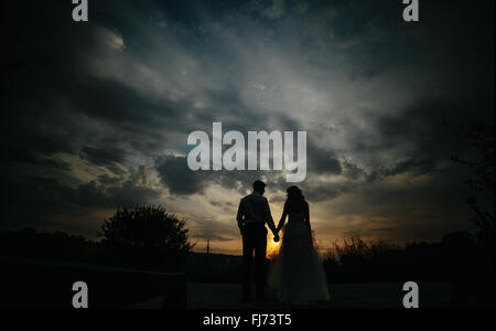Silhouette of wedding couple in field Banque D'Images