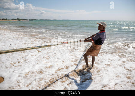 Pêcheur tirant sur le net à partir de la mer, Tangalle, au Sri Lanka, en Asie Banque D'Images