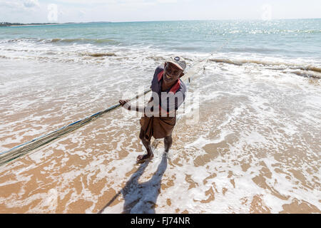 Pêcheur tirant sur le net à partir de la mer, Tangalle, au Sri Lanka, en Asie Banque D'Images