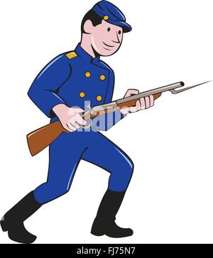 Illustration d'un soldat de l'Armée de l'Union pendant la guerre civile américaine holding fusil à baïonnette vu du côté situé sur fond blanc isolé fait en style cartoon. Illustration de Vecteur