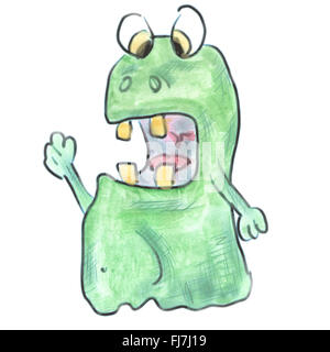 Monstre vert aquarelle dessin animé isolé Banque D'Images