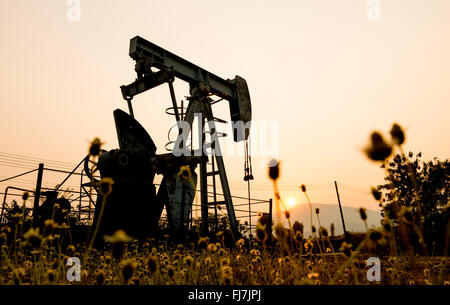 Pumpjack à un site de forage pétrolier et le coucher du soleil Banque D'Images