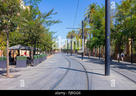 Rails du tramway dans la ville de Séville, Espagne Banque D'Images