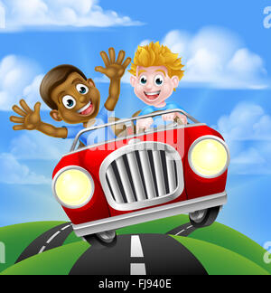 Caricature les garçons, l'un noir un blanc, s'amusant conduite rapide dans une voiture sur un road trip Banque D'Images