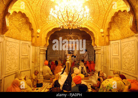 Les gens assis à l'intérieur du temple d'or priant, amritsar, punjab, inde, asie Banque D'Images