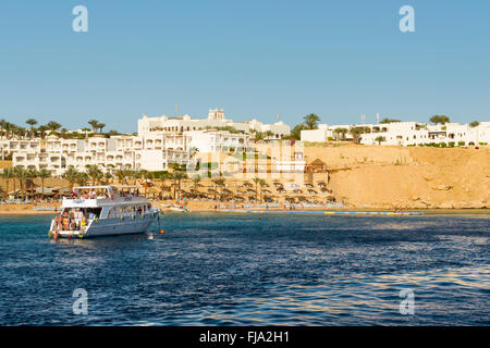 Bateau de tourisme voyage autour de Sinai sur yacht blanc, vacances de luxe pour les touristes en mer Rouge, plongée dans les récifs coralliens, Charm El Cheikh Banque D'Images