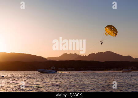 SHARM EL SHEIKH, EGYPTE - 28 février 2014 : Le parachutisme sur une mer, le remorquage d'un bateau : les gens heureux s'envole sur un parachute Banque D'Images