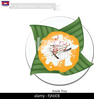 La cuisine cambodgienne, Amok de Poisson au Curry à la vapeur ou Trey a base de poisson, le lait de coco et Curry Rouge dans des feuilles de banane contenant. Une popula Illustration de Vecteur