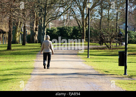 Ronneby, Suède - 26 Février 2016 : une inconnue vu de derrière comme elle marche sur une passerelle dans le parc Ronneby Brunn. Il i Banque D'Images