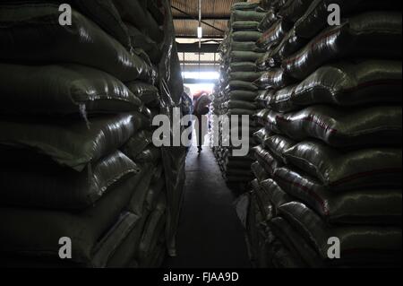 (160301) -- JAKARTA, 1 mars 2016 (Xinhua) -- un travailleur porte un sac de riz sur le marché du riz en gros de Cipinang à Jakarta, Indonésie, le 1 mars 2016. Taux d'inflation annuel de l'Indonésie en février 4,42  % légèrement augmenté par rapport à l'année précédente. (Xinhua/Zulkarnain) Banque D'Images