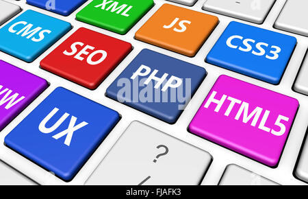 Web design, référencement Internet et concept de développement du langage de programmation avec inscription sur les touches du clavier de l'ordinateur aux couleurs vives. Banque D'Images