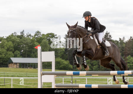 Closeup portrait of young cavalière sautant sur dark brown horse Banque D'Images