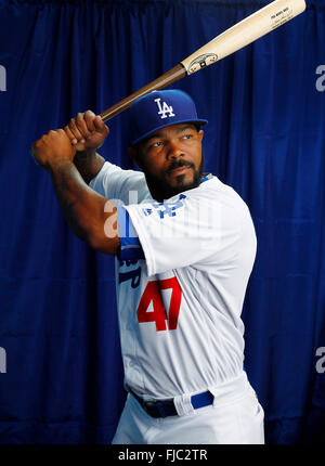 Glendale, AZ, États-Unis d'Amérique. Feb 27, 2016. GLENDALE, AZ - février 27, 2015 - | Joueur des Dodgers de Los Angeles, Howie Kendrick. | photo Photo prise lors de la journée à éviter l'entraînement de printemps des Ranch-Glendale Camelback installation. (K.C. Alfred/ San Diego Union-Tribune © K.C. Alfred/U-T San Diego/ZUMA/Alamy Fil Live News Banque D'Images