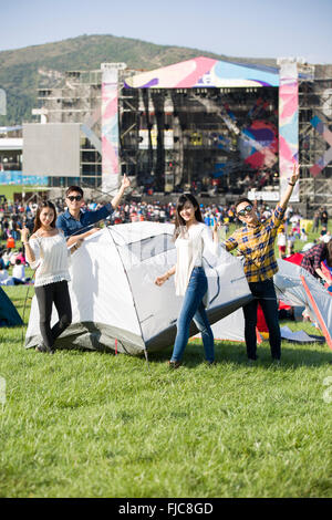 Amis chinois la mise en place d'une tente sur l'herbe Banque D'Images