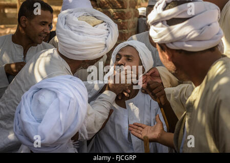 Groupe d'éleveurs de chameaux et de négociation des acheteurs difficiles à s'entendre sur le prix final de chameaux au cours d'un marché aux chameaux. Banque D'Images