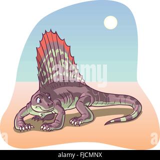 Un dinosaure Dimetrodon sous un soleil du désert ont été rendus dans un style de dessin animé. L'arrière-plan est sur un calque différent. Illustration de Vecteur