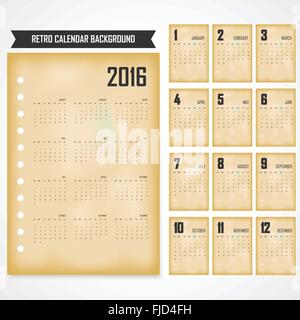 Calendrier pour 2016 sur fond gris.2016 Calendrier dans le style rétro, vintage background.semaine débute dimanche.Modèle vectoriel Illustration de Vecteur