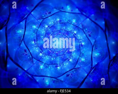 La technologie spirale rougeoyant bleu fractale dans le cyberespace, générée par ordinateur abstract background Banque D'Images