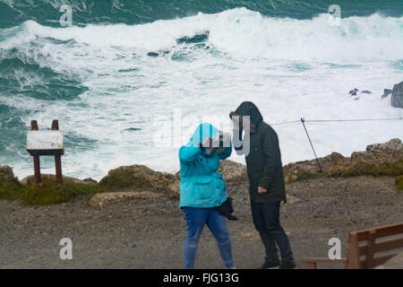 Lands End, Cornwall, UK. 2 mars 2016. Météo britannique. Des coups de vent de tempête Jake continuent de frapper le sud-ouest de Cornwall. Crédit : Simon Maycock/Alamy Live News Banque D'Images