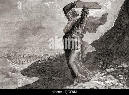 Moïse brisant les deux tablettes de pierre sur lesquelles étaient écrits les dix commandements. Le Livre de l'exode, de l'Ancien Testament. Banque D'Images