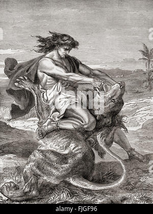 Samson tuant le lion, dans le Livre des Juges, Ancien Testament. Banque D'Images
